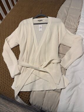 LOFT Cream Wrap Belted Ribbed Cardigan